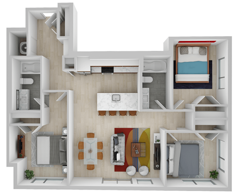 Floor plan for 3 beds, 2 baths, 1231 sqft